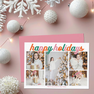 Tarjeta Festiva Collage de 5 fotos de Felices Fiestas Retro Rosa