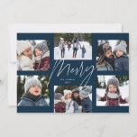 Tarjeta Festiva Collage de 6 Navidades de fotografía de escritura<br><div class="desc">Una universidad de 6 fotos se reúne alrededor de un moderno guión alegre en el centro y un mensaje personalizado. Este sencillo diseño es una tendencia hacia adelante y la forma perfecta de compartir un año de lo más destacado con amigos y familiares. El respaldo es una banda azul marino...</div>