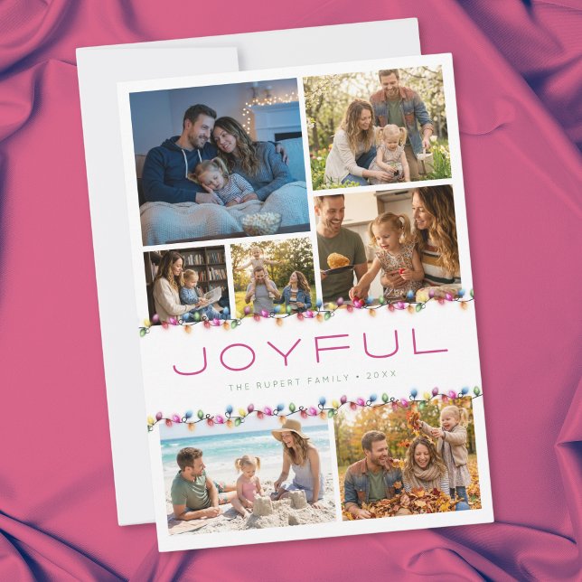Tarjeta Festiva Collage de 7 fotos modernas Luces alegres de Navid (Modern 7 Photo Collage Joyful Christmas Lights Holiday Card)