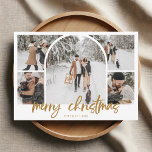 Tarjeta Festiva Collage de fotos Arch Merry Christmas Fancy Script<br><div class="desc">Difunde la magia de las vacaciones con nuestra tarjeta de Navidades personalizados, bellamente diseñada para mostrar sus recuerdos. La parte frontal presenta un sorprendente collage de cinco fotos, centradas en una imagen distintiva en forma de arco, creando un punto focal único. Debajo, el saludo festivo 'Feliz Navidad' está elegantemente escrito...</div>