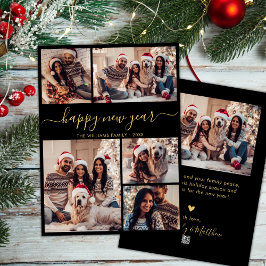 Tarjeta Festiva Collage de fotos Black Gold Elegant Happy Año Nuev