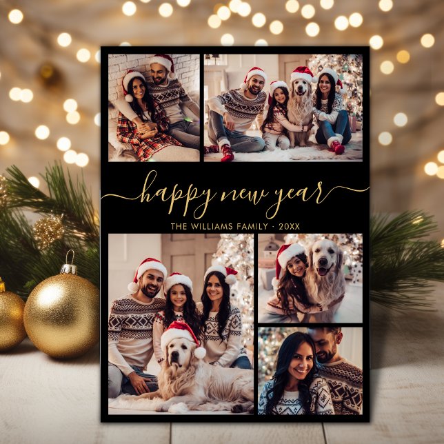 Tarjeta Festiva Collage de fotos Black Gold Elegant Happy Año Nuev (Subido por el creador)