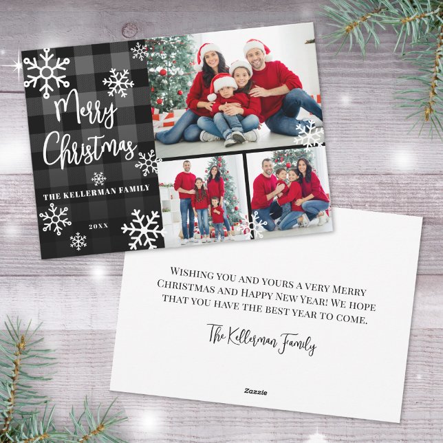 Tarjeta Festiva Collage de fotos Black Plaid Merry Christmas (Photo Collage Black Plaid Merry Christmas Holiday Card)