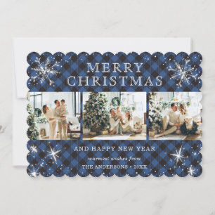Tarjeta Festiva Collage de fotos Blue Buffalo Plaid Snowflake 3