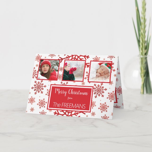 Tarjeta Festiva Collage de fotos Brillante Rojo Snowflake 3 person (Anverso)