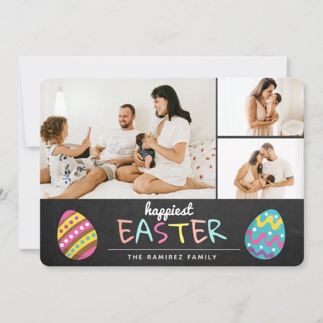 Tarjeta Festiva Collage de fotos Chalkboard Pastel Happiest Easter (Anverso)