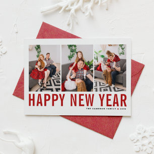 Tarjeta Festiva Collage de Fotos con Tipografía Roja Feliz Año Nue