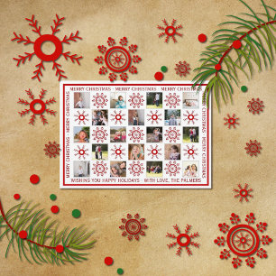 Tarjeta Festiva Collage de fotos, copos de nieve rojos y deseos de