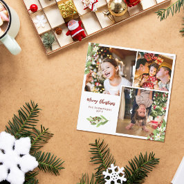 Tarjeta Festiva Collage de fotos cuadrado rojo Berries Feliz Navid