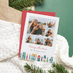 Tarjeta Festiva Collage de fotos de aldea navidades<br><div class="desc">Un diseño de tarjetas de vacaciones dulces y festivas con 6 fotos en un diseño de collage, con un borde inferior ilustrado de casas dibujadas a mano y árboles en colores festivos. "Feliz Navidad" o tu elección de saludo aparece debajo de tus fotos, junto con tu apellido y el año....</div>