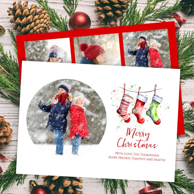 Tarjeta Festiva Collage de fotos de almacenamiento de acuarela nav (Merry Christmas holiday photo card with whimsical watercolor stockings. )