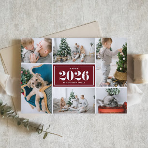 Tarjeta Festiva Collage de fotos de Año Nuevo 2026 en Borgoña