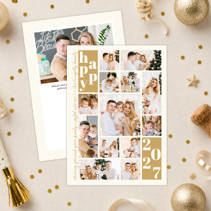 Tarjeta Festiva Collage de fotos de Año Nuevo 2027 dorado marfil