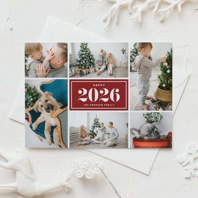 Tarjeta Festiva Collage de fotos de Año Nuevo Feliz 2025 (Send 2026 new year cheer with this customizable red photo collage Happy New Year Card. )