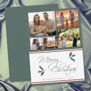 Tarjeta Festiva Collage de fotos de cinco modernos de acebo Feliz