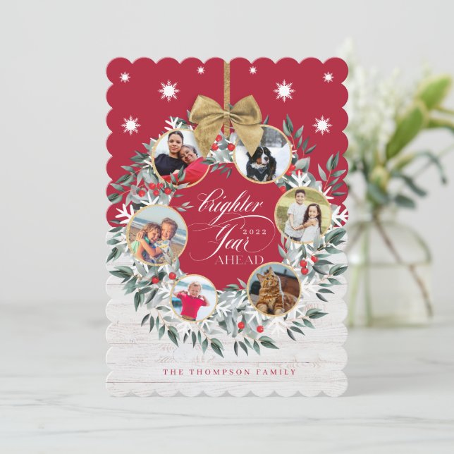 Tarjeta Festiva Collage de fotos de copo de nieve Wreath Madera ro (Anverso de pie)