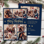 Tarjeta Festiva Collage de fotos de copos de nieve de la Marina y<br><div class="desc">Elegante marina moderna de caligrafía y copos de nieve de oro 5 Collages de fotos de la tarjeta navideña de navidad de escritura navideña. Esta festividad, minimalista, plantilla de cinco (5) fotos de tarjetas de felicitación navideña presenta un collage de fotos de la bonito, un copo de nieve y dice...</div>