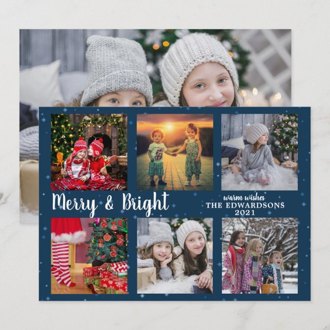 Tarjeta Festiva Collage de fotos de familia Navidades merry y bril (Anverso / Reverso)