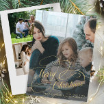 Tarjeta Festiva Collage de fotos de Gold Merry Christmas 4<br><div class="desc">Elegante guión falso dorado superpuesto 4 fotos personalizados nombre de familia y texto Navidades personalizados tarjeta de vacaciones.</div>