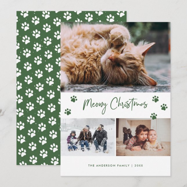 Tarjeta Festiva Collage de fotos de impresión Green Paw Navidades  (Anverso / Reverso)