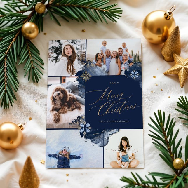 Tarjeta Festiva Collage de fotos de joyas de oro de la marina navi (Merry Christmas Navy Gold Jewels Photo Collage Holiday Card)