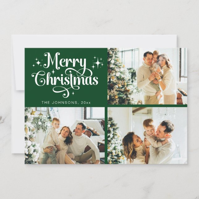 Tarjeta Festiva Collage de fotos de la familia Green Retro Merry C (Anverso)