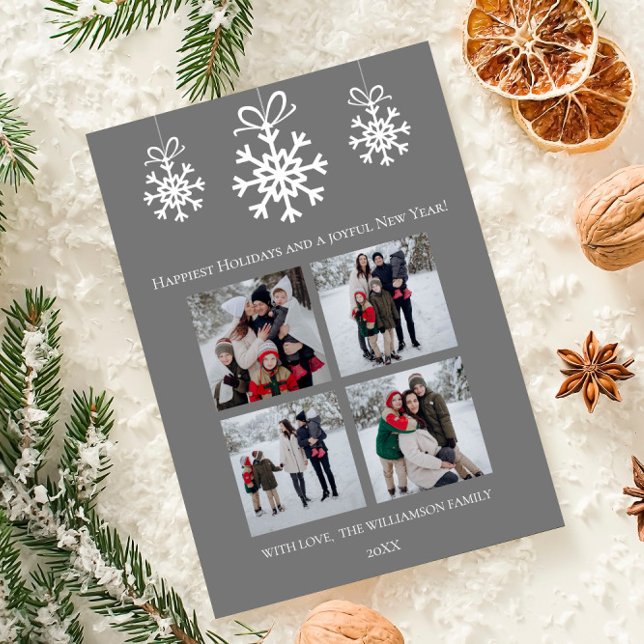 Tarjeta Festiva Collage de fotos de los adornos de copo de nieve g (Gray Snowflake Ornaments Photo Collage Holiday Card)