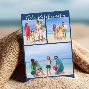 Tarjeta Festiva Collage de fotos de Mele Kalikimaka azul marino Na