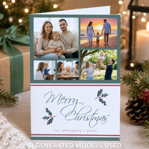 Tarjeta Festiva Collage de fotos de Modern Holly Five Feliz Navida