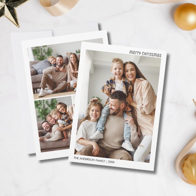 Tarjeta Festiva Collage de fotos de navidades 4 familiares Minimal (Christmas 4 Family Photos Collage Minimalist Holiday Card)