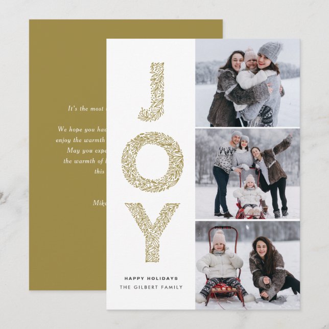 Tarjeta Festiva COLLAGE DE FOTOS de Navidades de oro JOY Lettering (Anverso / Reverso)