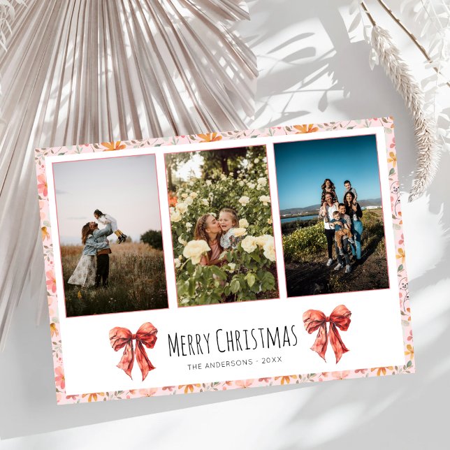 Tarjeta Festiva Collage de fotos de Navidades florales Red Bow Coq (Subido por el creador)