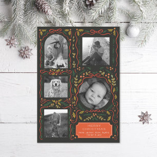 Tarjeta Festiva Collage de fotos de Navidades Holly Red Ribbon
