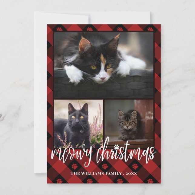 Tarjeta Festiva Collage de fotos de Navidades Meowy de Red Plaid (Anverso)