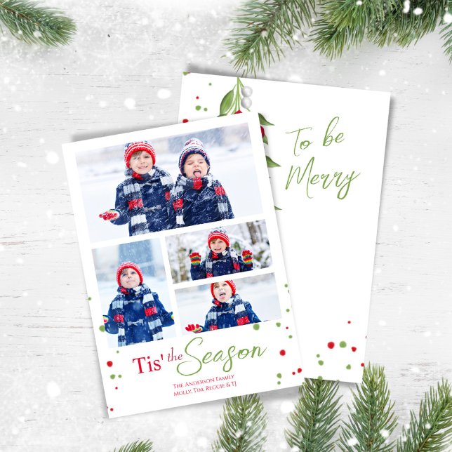 Tarjeta Festiva Collage de fotos de Navidades Merry Mistletoe Cute (Tis the Season to be Merry. Multi photo card.)