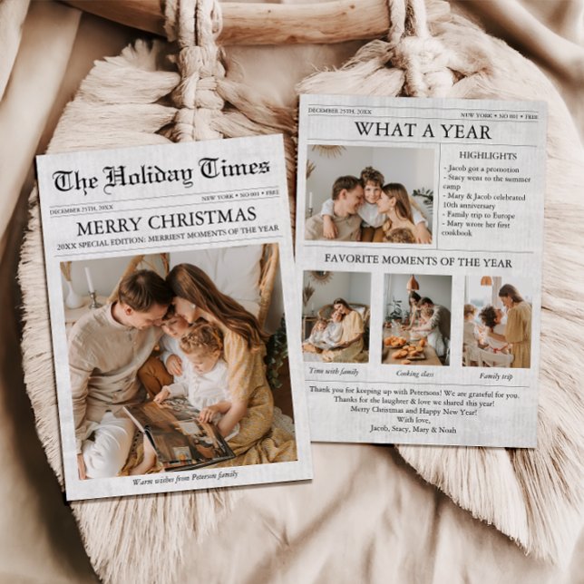 Tarjeta Festiva Collage de fotos de noticias de Navidades de perió (Newspaper Christmas Card What a Year Newsletter Unique Funny Family Holiday Card with Photos)