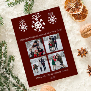 Tarjeta Festiva Collage de fotos de ornamentos de copo de nieve ro