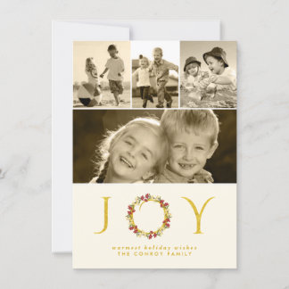 Tarjeta Festiva Collage de fotos de Purpurina Floral Wreath Gold p