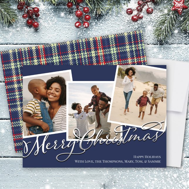 Tarjeta Festiva Collage de fotos de repostería navideña azul marin (Merry Christmas Navy Blue Plaid Multi Photo Holiday Card)