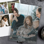 Tarjeta Festiva Collage de fotos de Silver Merry Christmas 5<br><div class="desc">Elegante guión falso plateado superpone 5 fotos personalizados,  nombre de familia y texto personalizado Navidades tarjeta de vacaciones.</div>