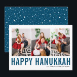 Tarjeta Festiva Collage de fotos de tipografía azul Happy Hanukkah<br><div class="desc">¡Feliz Hanukkah! Personalizable Happy Hanukkah foto collage de tarjetas planas con tipografía azul simple y patrón de nieve. Personalice agregando tres fotos,  nombres,  año y otros detalles. Esta moderna tarjeta plana de Hanukkah está disponible en otros colores y material de cartón.</div>