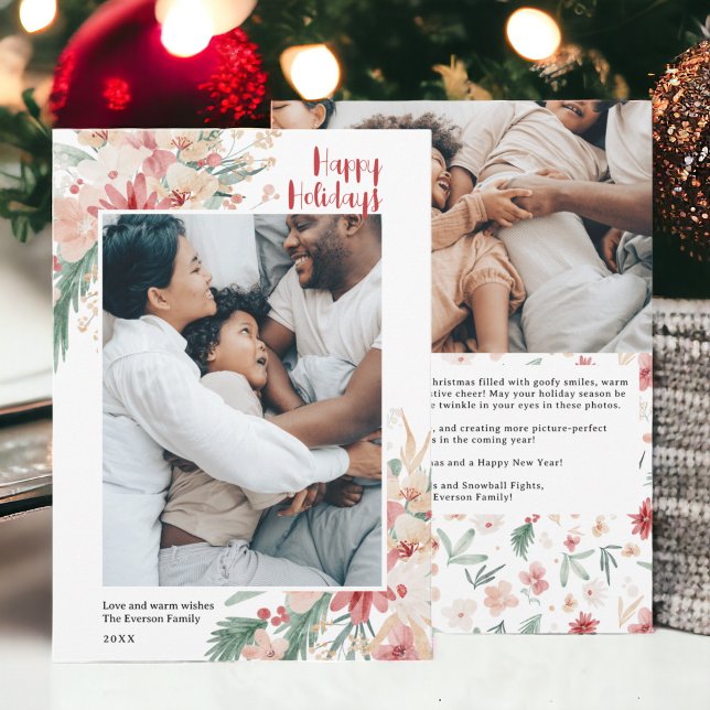 Tarjeta Festiva Collage de fotos de vacaciones de Navidades floral (Watercolor Floral Christmas Holiday Photo Collage)