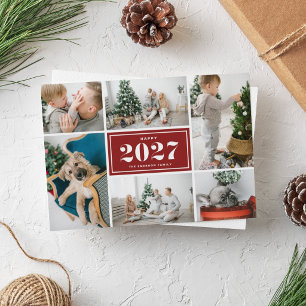 Tarjeta Festiva Collage de fotos del feliz año nuevo 2027 rojo