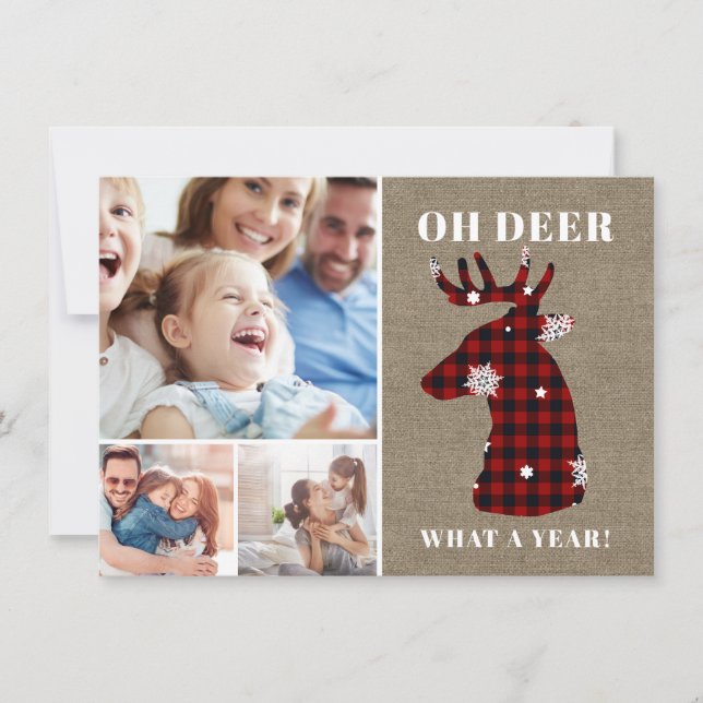 Tarjeta Festiva Collage de fotos divertido Oh Deer Plaid Snowflake (Anverso)