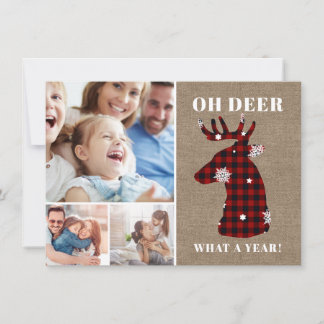 Tarjeta Festiva Collage de fotos divertido Oh Deer Plaid Snowflake