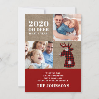 Tarjeta Festiva Collage de fotos divertido Oh Deer Plaid Snowflake