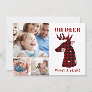 Tarjeta Festiva Collage de fotos divertido Oh Deer Plaid Snowflake