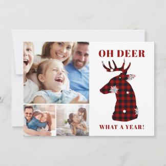 Tarjeta Festiva Collage de fotos divertido Oh Deer Plaid Snowflake