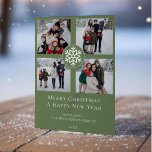 Tarjeta Festiva Collage de fotos Emblem Snowflake Green