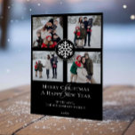 Tarjeta Festiva Collage de fotos Emblem Snowflake | Negra<br><div class="desc">Celebra la temporada con un toque personal con esta tarjeta de vacaciones Black Snowflake Emblem Four Collages de fotos. Con espacio para sus fotos familiares favoritas, el diseño está resaltado por un delicado emblema de copo de nieve que añade un encanto festivo y invernal. Una alegre "Feliz Navidad" y un...</div>